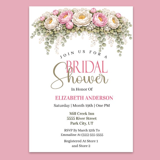 Convite Chá de Bebê Rosa e Branco de Peônia (Elegant pink and ivory peony floral bridal shower invitation)
