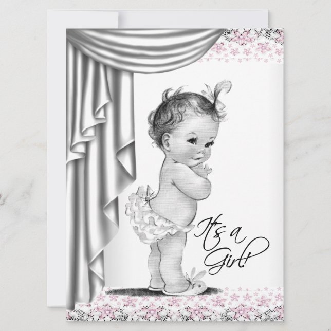 Convite Chá de Bebê Rosa e Cinza (Frente)