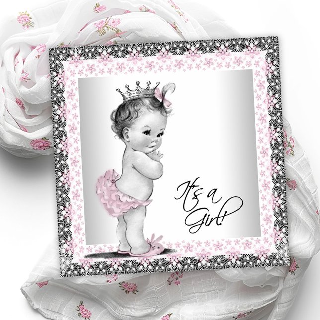 Convite Chá de Bebê Rosa e Cinza (Sweet vintage baby girl baby shower invitation. )