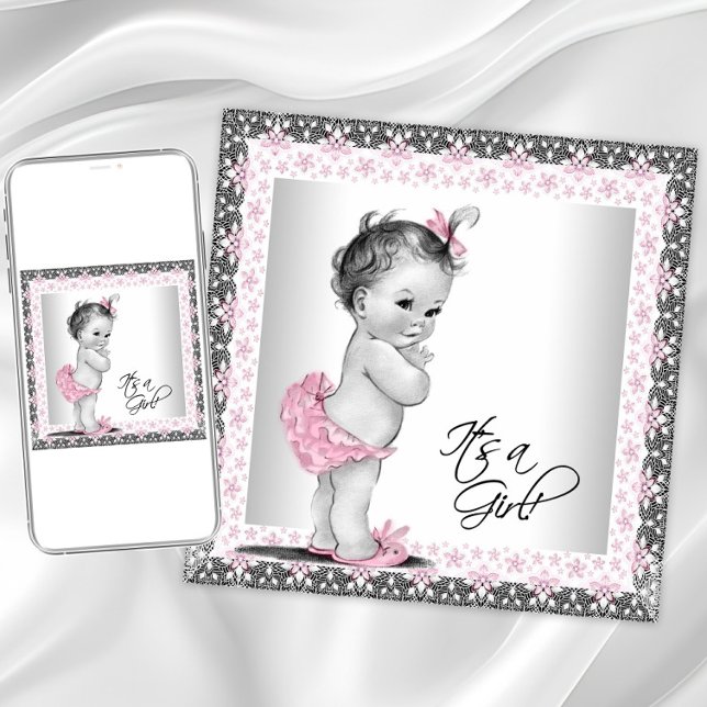 Convite Chá de Bebê Rosa e Cinza Adorável Menina (Cute vintage baby girl shower invitation. Instant download and printed invitations available.)