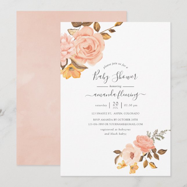 Convite Chá de Bebê Rosa e Floral Dourado (Frente/Verso)
