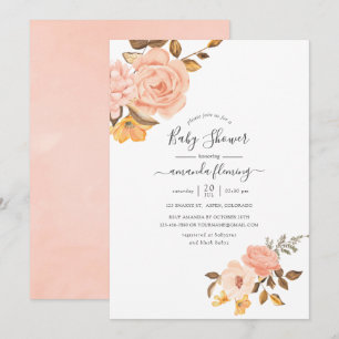 Convite Chá de Bebê Rosa e Floral Dourado