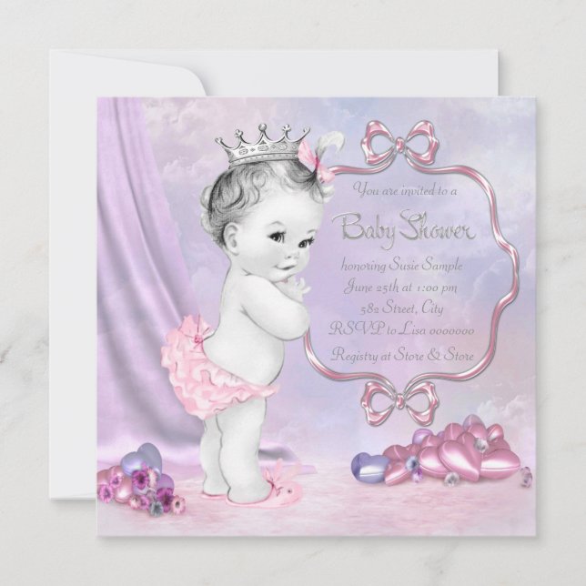 Convite Chá de Bebê Rosa e Roxo Elegante (Frente)