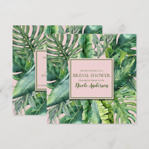 Convite Chá de Bebê Rosa e Verde com Folhas Tropicais