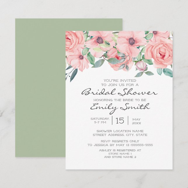 Convite Chá de Bebê Rosa Elegante com Floral em Verde Sage (Frente/Verso)