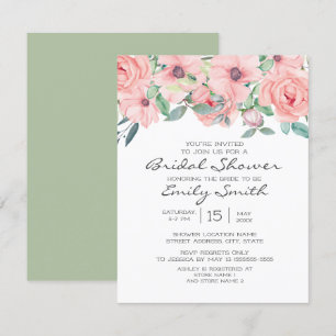 Convite Chá de Bebê Rosa Elegante com Floral em Verde Sage