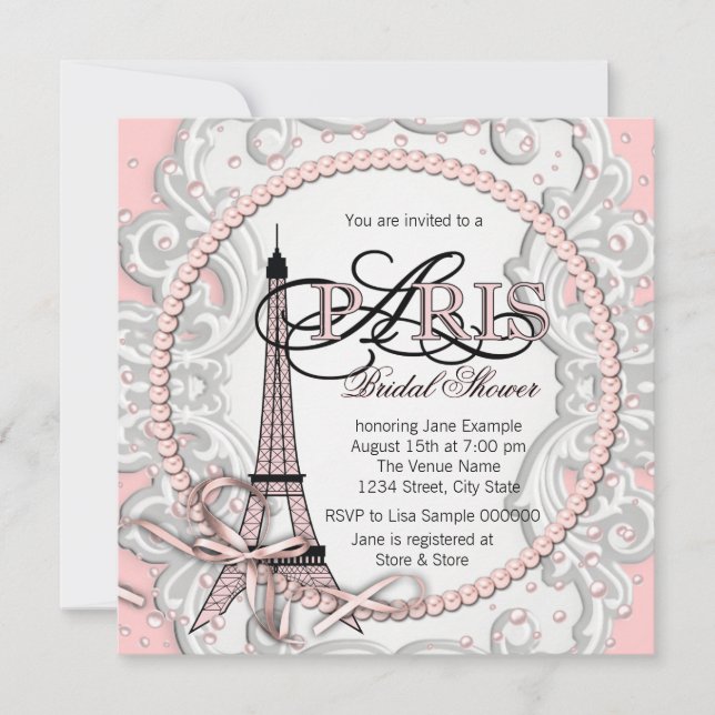 Convite Chá de Bebê Rosa Elegante Paris (Frente)