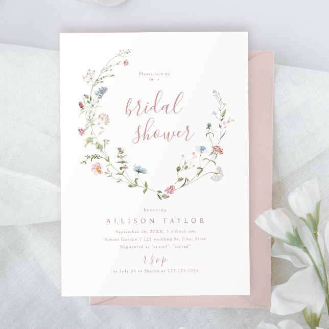 Convite Chá de Bebê Rosa Elegante Rústico Boho  (Elegant Pink Wildflower Rustic Boho Bridal Shower Invitation)