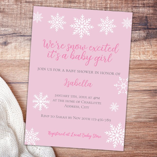 Convite Chá De Bebê Rosa Elevado Com Neve De Inverno (snow excited winter baby girl shower invitation baby pink)
