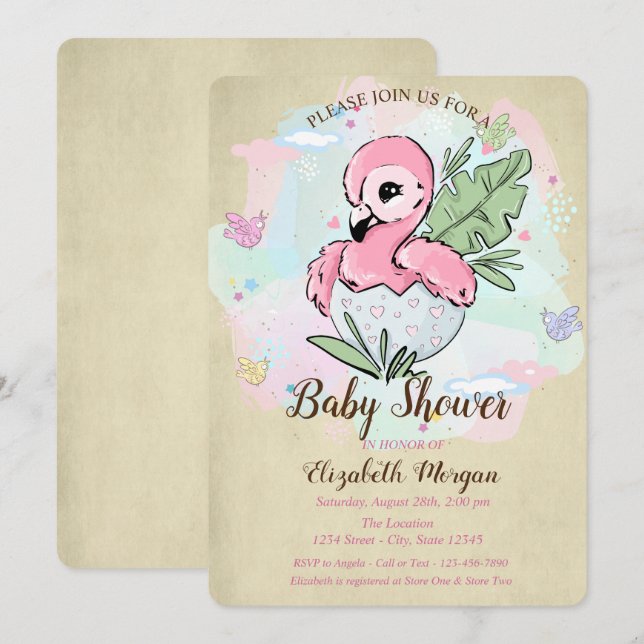 Convite Chá de Bebê Rosa Flamingo Borboletas Fofas Bebês  (Frente/Verso)