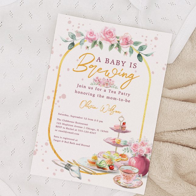 Convite Chá de Bebê Rosa Floral Baby is Brewing (Pink Floral Tea Party Baby Shower Invitation - A Baby is Brewing Invitation)