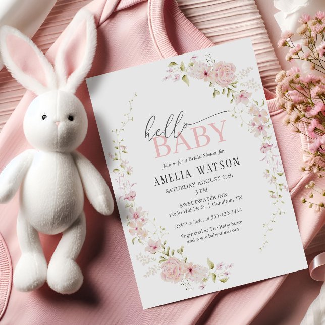 Convite Chá de Bebê Rosa Floral Olá Bebê (Hello Baby Blush Pink Floral Baby Shower Invitation)
