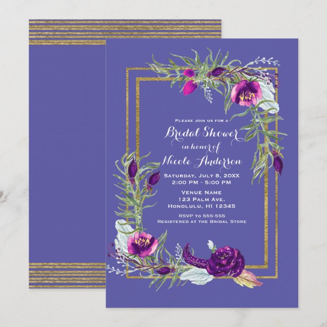 Convite Chá de Bebê Rosa Floral Roxo e Dourado Ultra Viole (Frente/Verso)