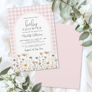 Convite Chá de Bebê Rosa Gingham Flor Silvestre