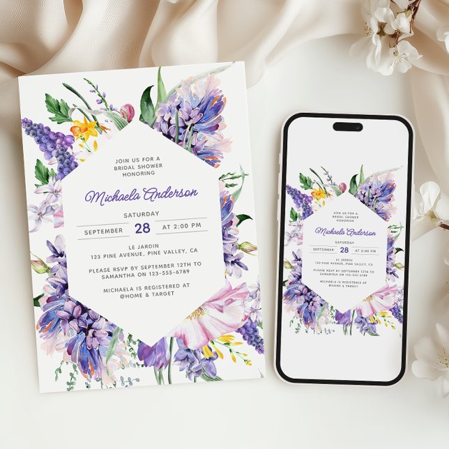 Convite Chá de Bebê Rosa Lavanda em Aquarela Elegante (Criador carregado)