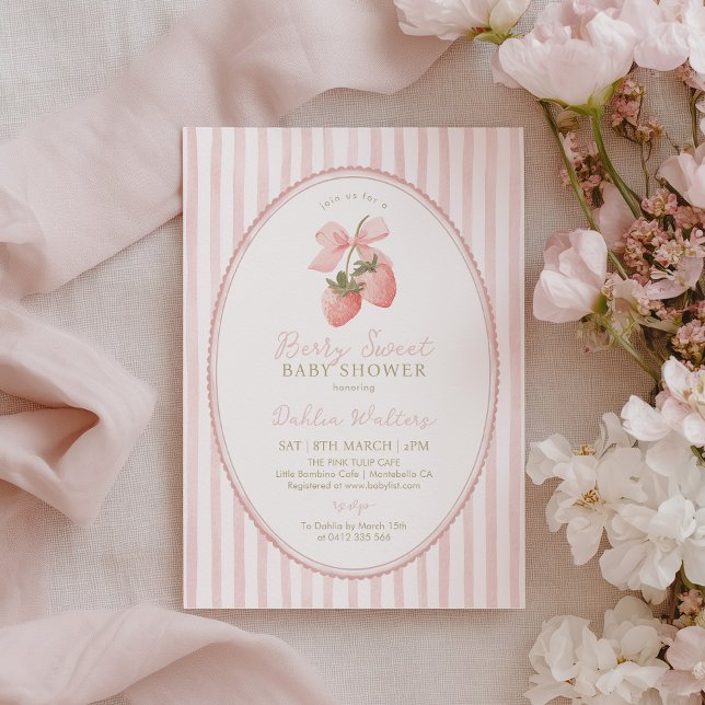 Convite Chá de Bebê Rosa Listrado de Morango Doce (Berry Sweet Baby Shower Invitation with pink stripes)