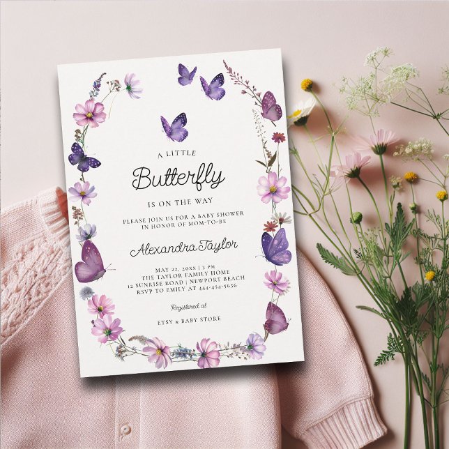 Convite Chá de Bebê Rosa Midinha-Rosa-Mole-Selvagem (little butterfly baby girl shower invitation cottage garden watercolor purple wildflowers boho frame)