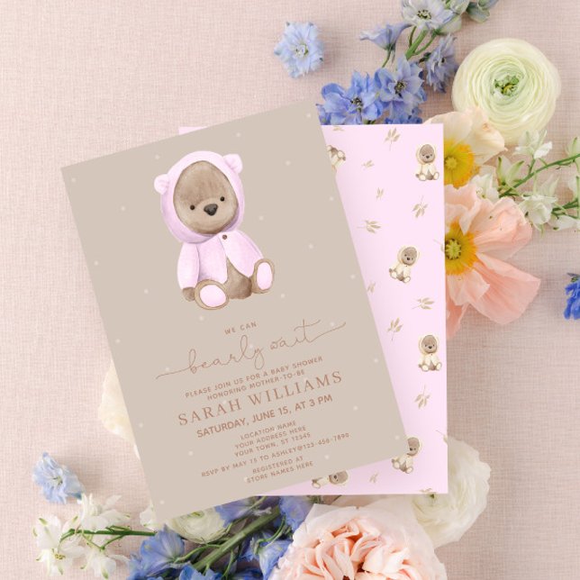 Convite Chá de Bebê Rosa Minimalista Bearly Wait (Criador carregado)