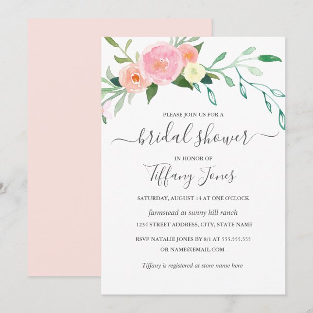 Convite Chá de Bebê Rosa Moderno com Aquarela Floral Pêsse (Frente/Verso)