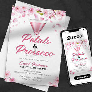 Convite Chá de Bebê Rosa Moderno com Pétalas e Prosecco
