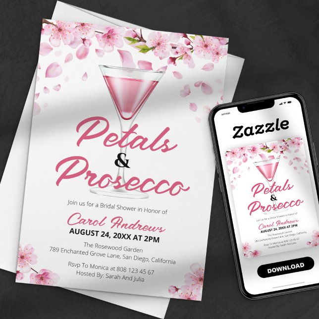 Convite Chá de Bebê Rosa Moderno com Pétalas e Prosecco (Criador carregado)