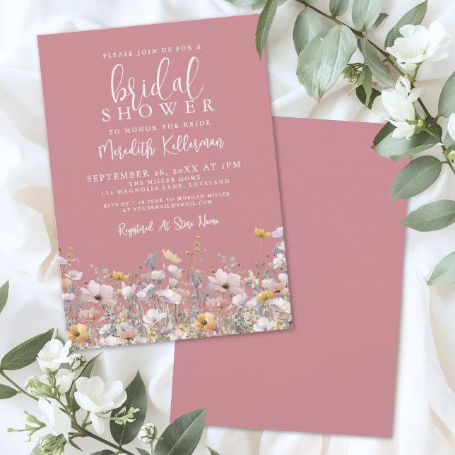 Convite Chá de Bebê Rosa Poeirento com Flores Silvestres (Dusty Pink Wildflower Bridal Shower Invitation )