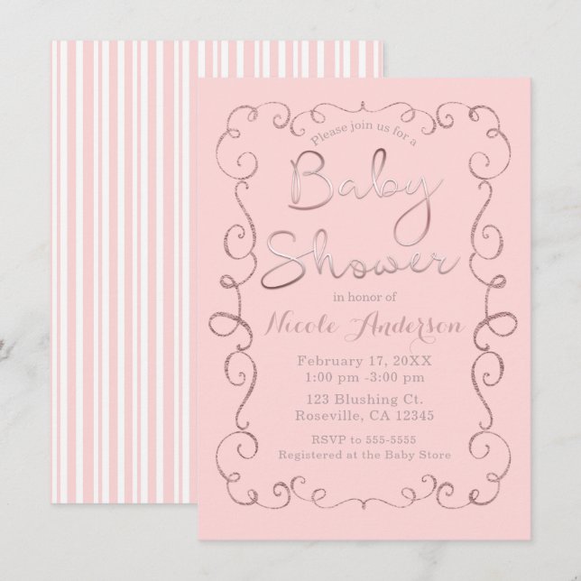 Convite Chá de Bebê Rosa Velho com Brilho em Tom Dourado R (Frente/Verso)