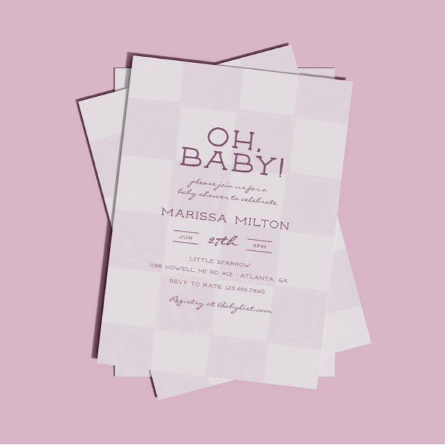 Convite Chá de Bebê Rosa Xadrez Oh Baby Moderno (Criador carregado)