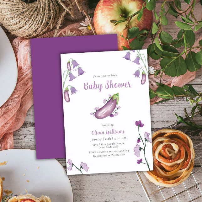 Convite Chá de Bebê Roxo Mercado de Produtores Floral Beri (Purple Farmers Market Floral Eggplant Baby Shower Invitation)