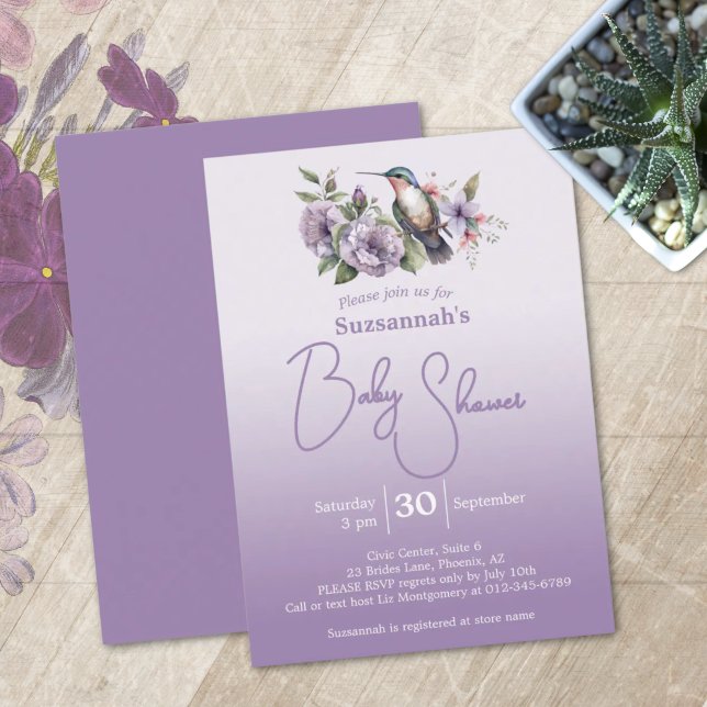 Convite Chá de Bebê Roxo Ombre Beija-flor Pastel  (Sweet humming bird on pastel purple baby shower template invitation.)