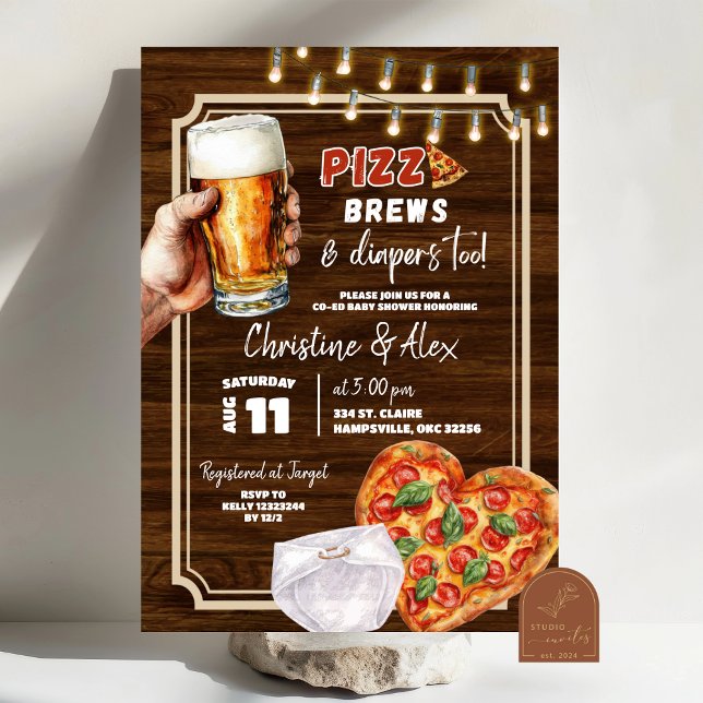 Convite Chá de Bebê Rustic Wood Pizza Brew e Fraldas també (Criador carregado)