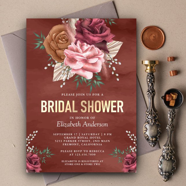 Convite Chá de Bebê Rústico Boho Canela Rosa Floral (Criador carregado)