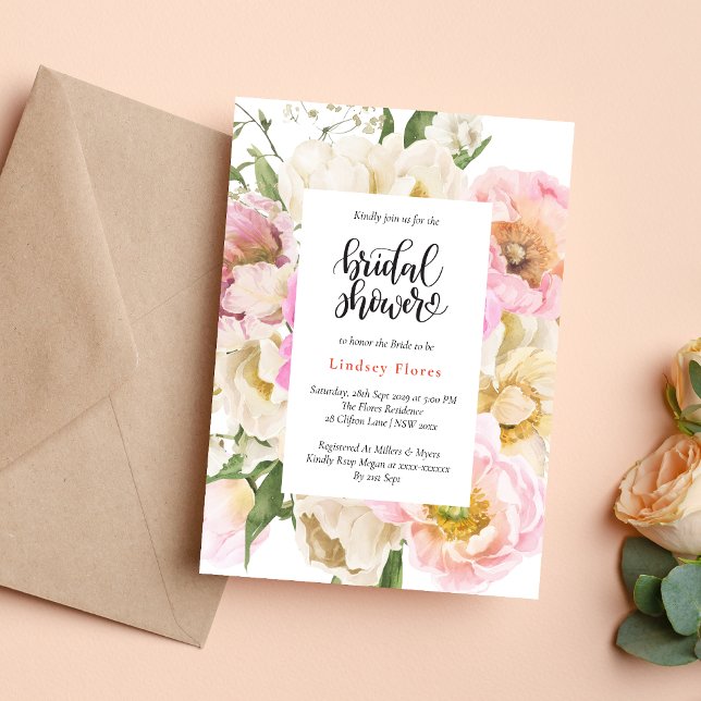 Convite Chá de Bebê Rústico com Flores Rosadas e Folhagens (Rustic pink floral greenery invitation creates a warm, romantic bridal shower tone)