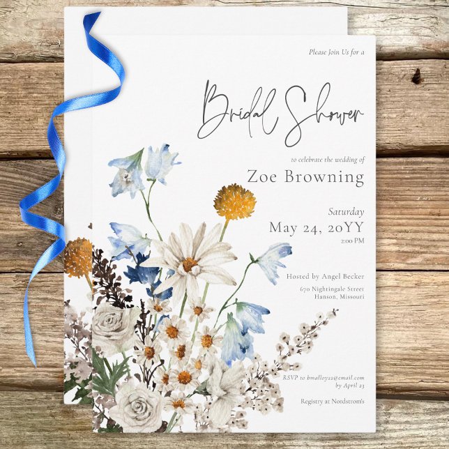 Convite Chá de Bebê Rústico com Flores Silvestres Azuis e  (Rustic Blue Wildflowers & Daisies Bridal Shower Invitation)