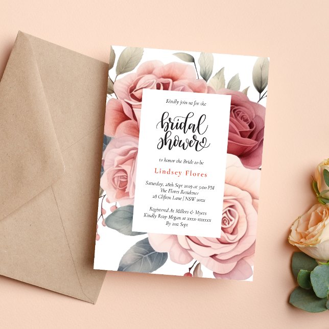 Convite Chá de Bebê Rústico com Rosa e Folhagens (Rustic pink rose greenery leaves invitation creates a warm, romantic bridal shower tone)