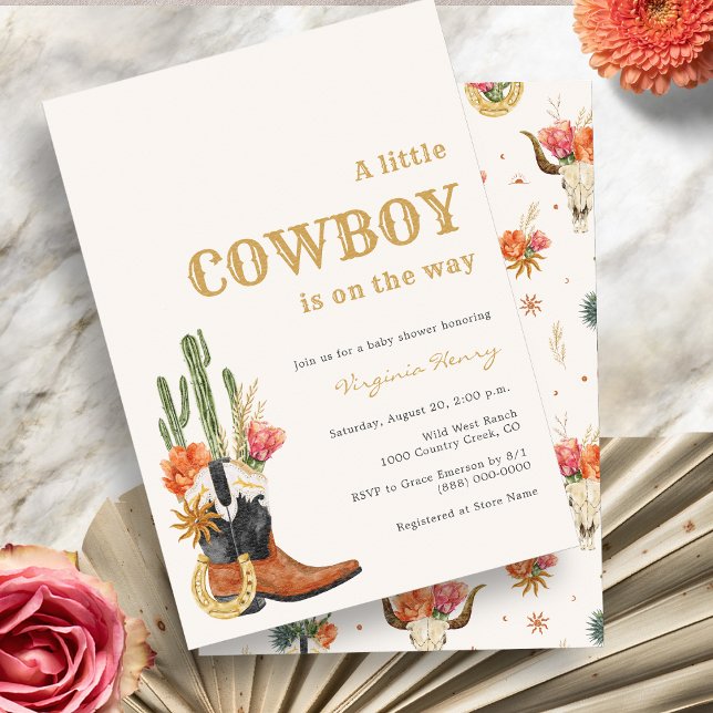 Convite Chá de Bebê Rústico de Cowboy do Oeste (Rustic Wild West Theme A Little Cowboy Baby Shower Invitation with Cactus by Painted Paperie
)