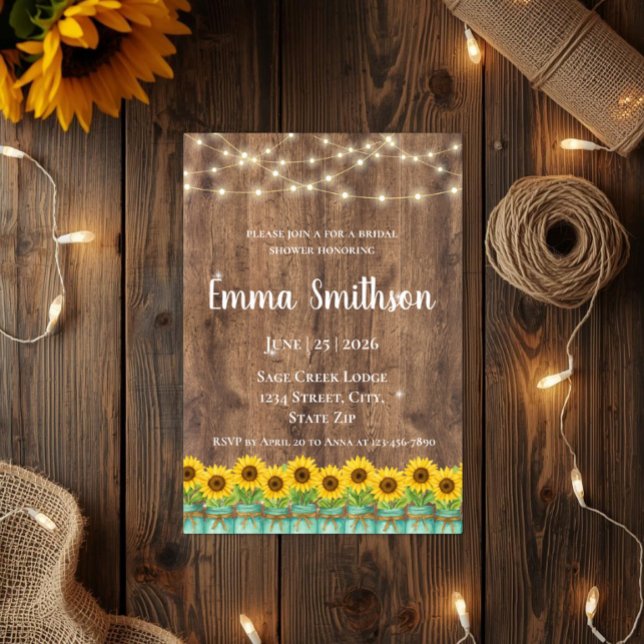 Convite Chá de Bebê Rústico de Girassóis e Potes de Pedra (Rustic sunflower & mason jar bridal shower invitations. Perfect for your charming country barn weddi)