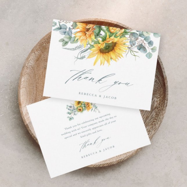 Convite Chá de Bebê Rústico Elegante de Girassol (Elegant rustic sunflower eucalyptus wedding bridal shower thank you card.)