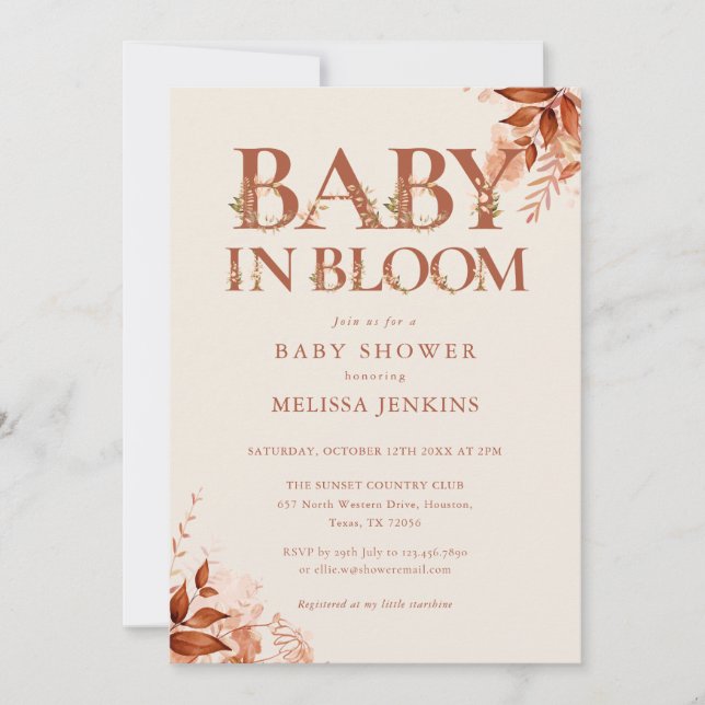 Convite Chá de Bebê Rústico Floral Baby In Bloom Outono (Frente)