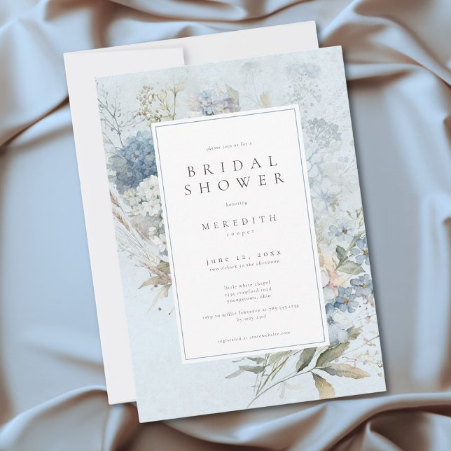 Convite Chá de Bebê Rústico Hortênsias Flores Brancas Azui (Rustic Hydrangea Blue White Floral Bridal Shower Invitation)