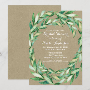 Convite Chá de Bebê Rústico Kraft Folhas Verdes Aquarela