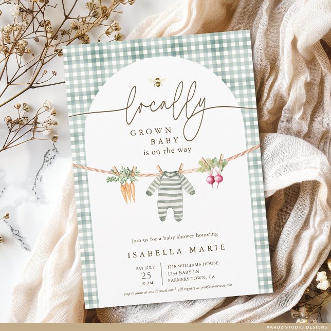 Convite Chá de Bebê Rústico Localmente Feito e Neutro em R (The front of the baby shower invite is shown at 5x7-inch size. Choose paper, + corner style.)