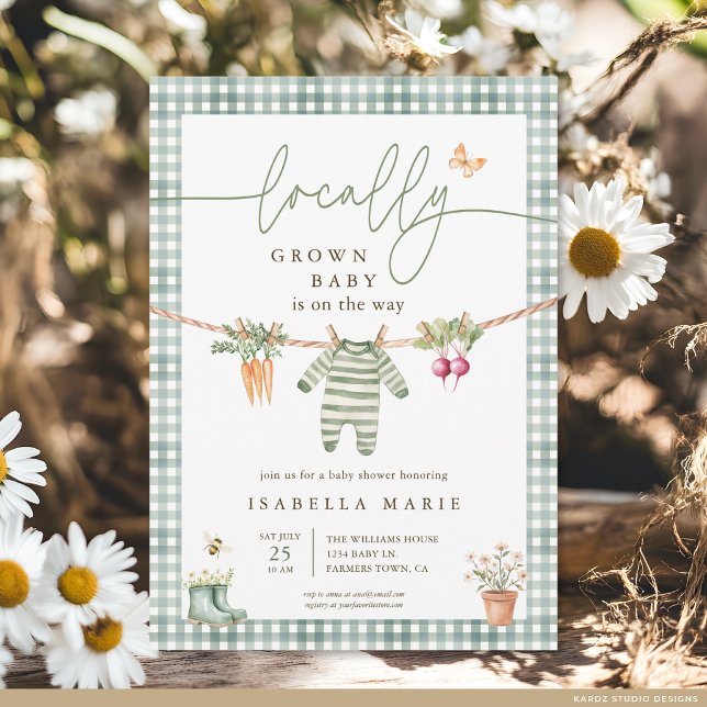 Convite Chá de Bebê Rústico Localmente Organizado e Neutro (The front of the baby shower invite is shown at 5x7-inch size. Choose paper, + corner style.)