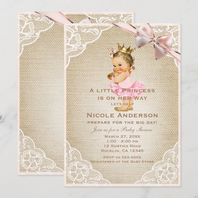 Convite Chá de Bebê Rústico Menina Princesinha Vintage (Frente/Verso)