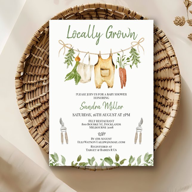 Convite Chá de Bebê Rústico Verde Cultivado Localmente (Locally Grown Baby Shower Invitation, Locally Grown baby Show Invite Template, Rustic Farm Invite)