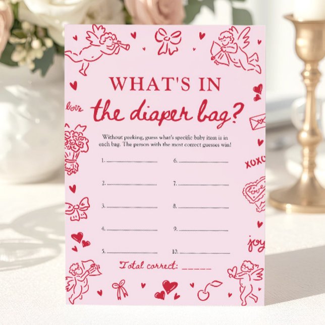 Convite Chá de Bebê Saco de Fraldas Desenhado à Mão (Hand Drawn What's In The Diaper Bag Baby Shower Game)