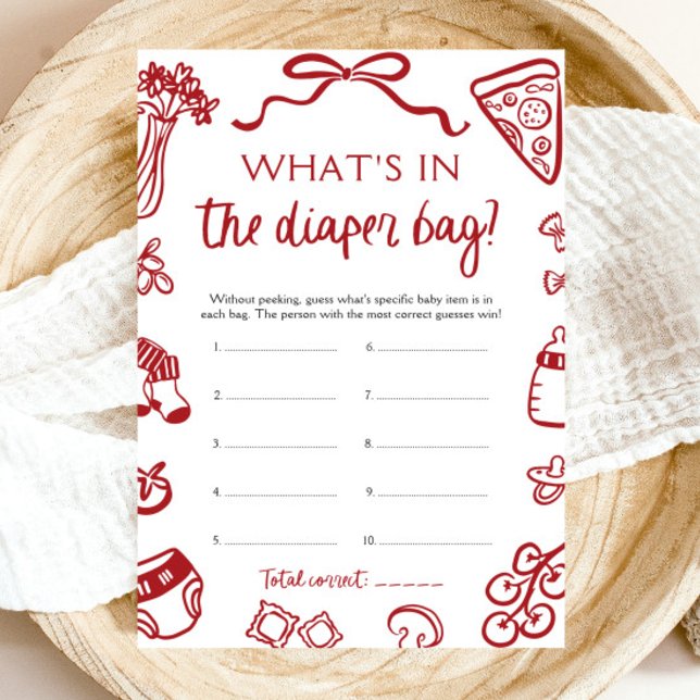 Convite Chá de Bebê Saco de Fraldas Desenhado à Mão (Hand Drawn What's In The Diaper Bag Baby Shower Game)
