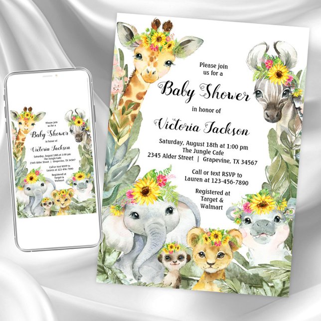 Convite Chá de Bebê Safari de Menina com Girassóis (Girl sunflower safari baby shower invitation. Instant download and printed invitations available.)