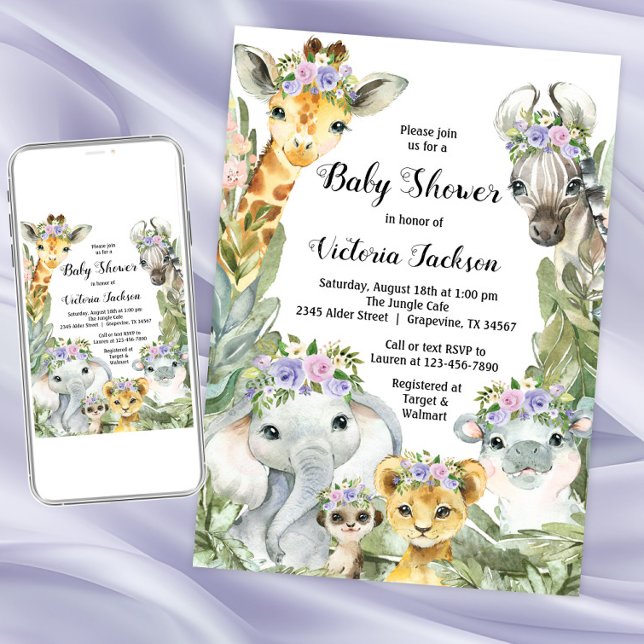Convite Chá de Bebê Safari Menina Floral Roxa (Girl purple safari baby shower invitation. Instant download and printed invitations available.)