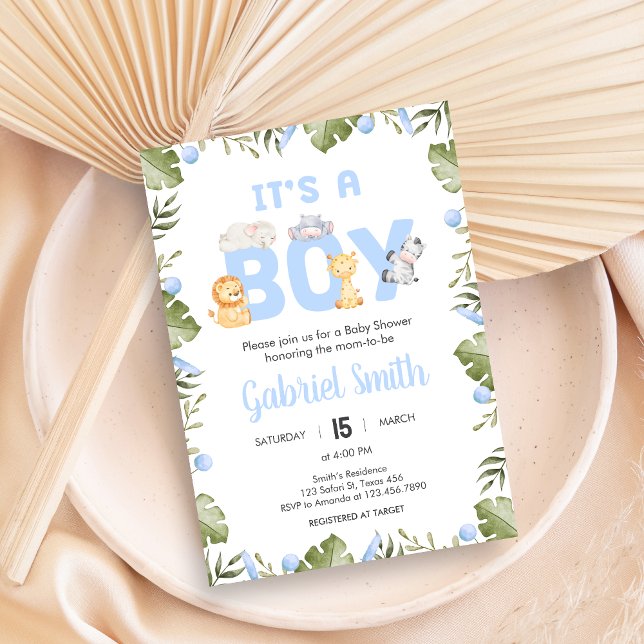 Convite Chá de Bebê Safari Menino  (Safari Jungle Animals Baby Shower Invitation)